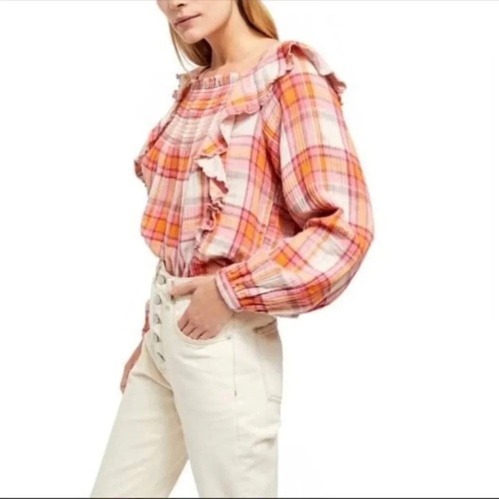 Free People Siena Plaid Ruffle Pullover Top Size M Boho Bohemian Feminine Blouse